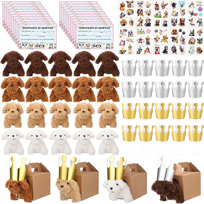 100 Pcs Adopt A Puppy Party Favors, Include 20 Foldable Puppy Boxes 20 Mini Stuffed Dogs 20 Birthday Hats 20 Greeting Cards 20 Stickers for Adopt A Dog Party