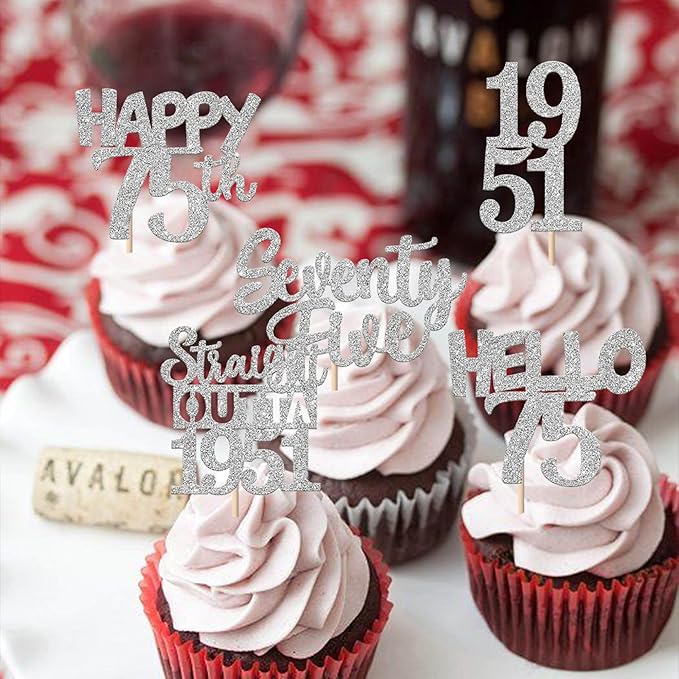 30 PCS 75th Birthday Cupcake Toppers Glitter Seventy Five Happy 75 Straight Outta 1951 Cupcake Picks for Cheers to 75 Fabulous 75th Birthday Anniversary Party Cake Decorations Supplier Silver