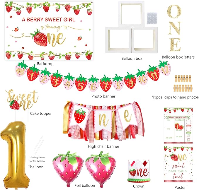 Strawberry 1st Birthday Decorations Party Supplies, Strawberry Sweet One Birthday Decor, Berry First Birthday Party Supplies, 1st Birthday g Girl Decoration