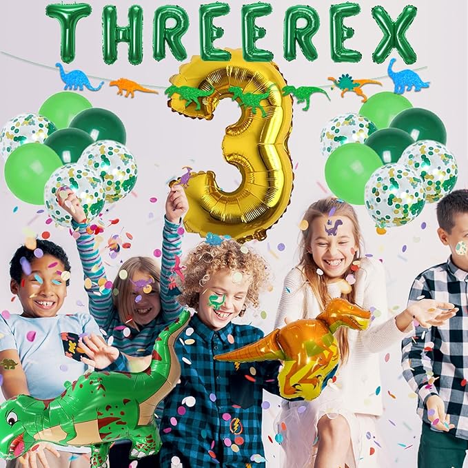 Three Rex Birthday Party Decorations Boy, Dinosaur 3rd Birthday Party Supplies Include Banner Tablecloth Fringe Curtains Three Rex Balloons Cake Toppers Stickers for 3 Rex Birthday Decorations Boys