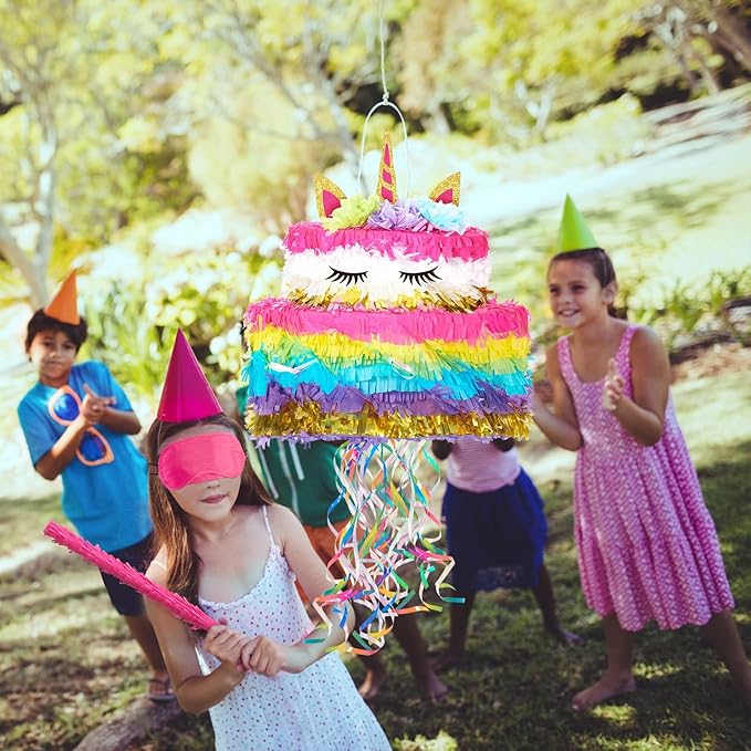 WERNNSAI Unicorn Cake Piñata Foldable - Unicorn Party Decorations Pink Girl Birthday Party Games Princess Piñata with Blindfold Bat and Tassels Happy Birthday Supplies for Kids Girls Classroom Game
