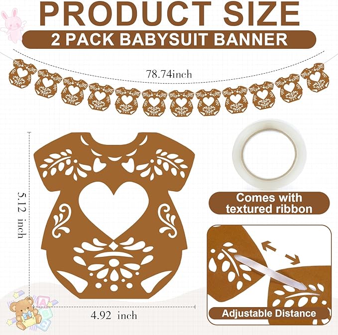 2 Pack Cielito Lindo Papel Picado Baby Shower Banner Decoration, Mexican 24 Pcs Bodysuit Card with Hanging String Fiesta Garland for Gender Baby Shower Party Supplies(Elegant Color)
