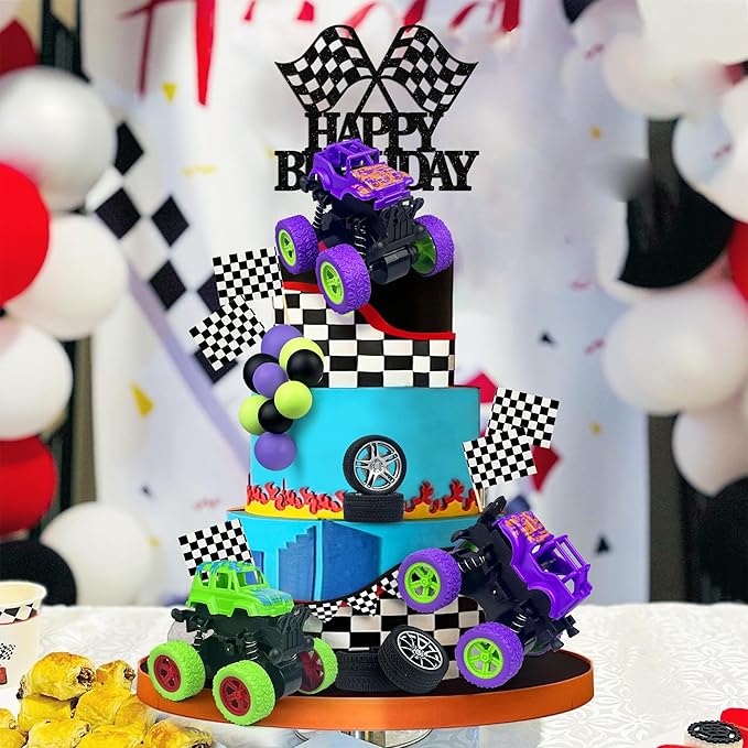 29PCS Truck Cake Decoration 2 Purple 1 Green Off-road Vehicle Cake Top Decoration Deep Purple Light Green Black Balls Truck Themed Party Supplies