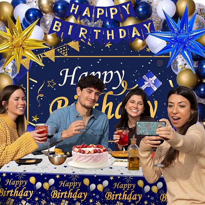 Gold and Blue Birthday Decorations for Men Boys Women Girls, 80pcs Blue and Gold Party Decorations Happy Birthday Backdrop Banner White Confetti Star Balloons Arch Tablecloth Party Supplies
