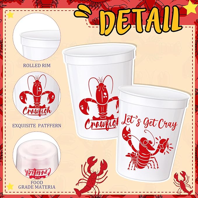 24 Pcs Plastic Crawfish Cups 16 oz Reusable Thick Crawfish Boil Party Supplies White Drinking Cups for Birthday Lobster Seafood Party Decorations Favors Gift