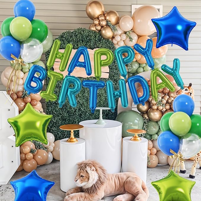 29PC Blue Green Happy Birthday Balloon Banner, 16 Inch 3D Aluminum Letter Banner Sign, Clear Blue Green Balloon Helium 18 Inch Star Foil Balloon for Kids, Women, Men Birthday Party Decoration