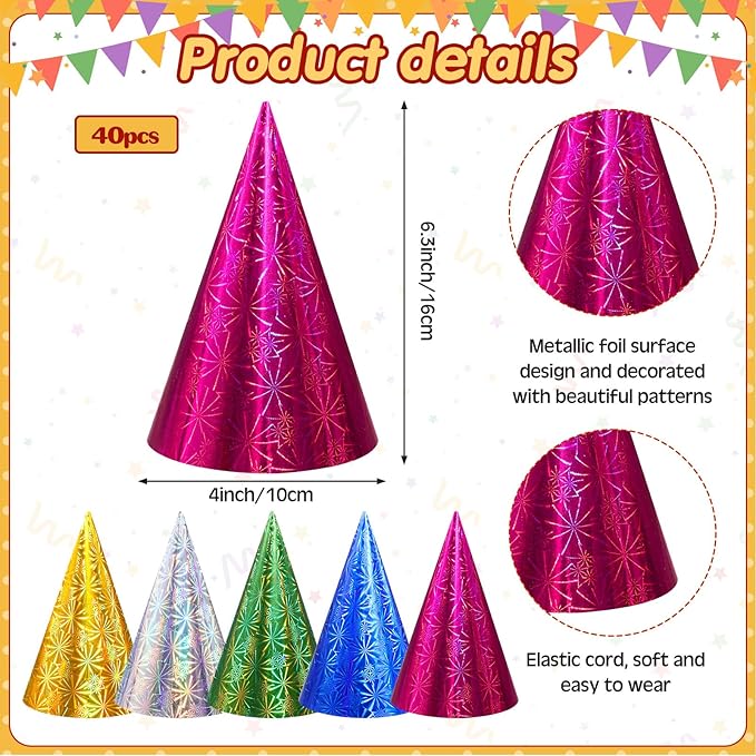 JaGely 100 Pieces Colorful Birthday Party Hats Metallic Foil Cone Hat for Christmas New Year Party Supplies, 5 Colors