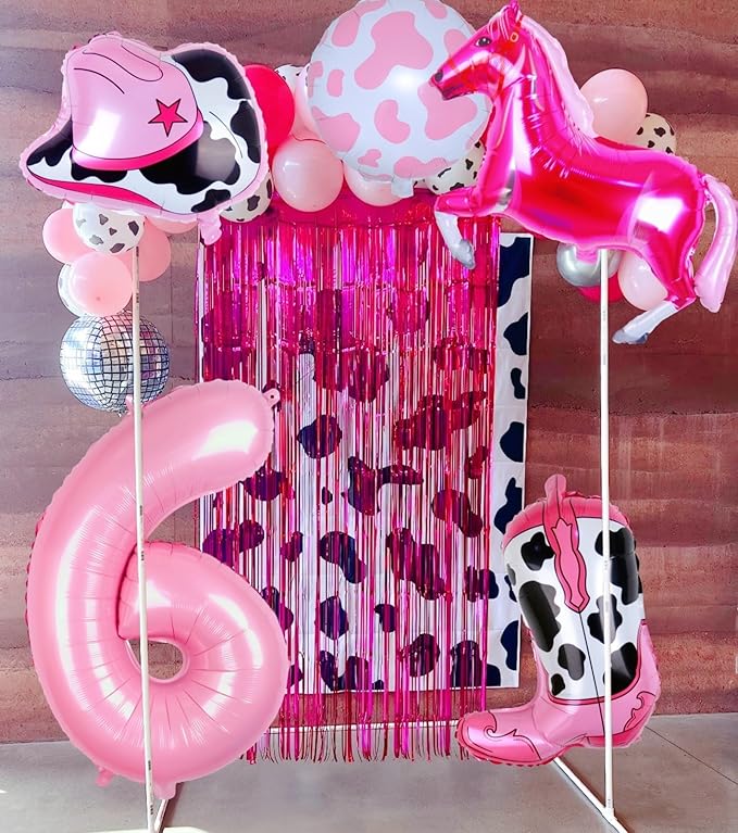Western Cowgirl Balloons Pink 6th Birthday Party Decorations, Retro Horse Cowgirl Hat Boot Balloons Girls Western Theme Rodeo Birthday Party Decorations Supplies Decor (32 Inch Pink 6 balloon)