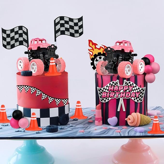 20PCS Pink Truck Cake Decoration 3 Off-road Vehicle Cake Top Decoration Deep Pink Peach Black Balls Truck Themed Party Supplies