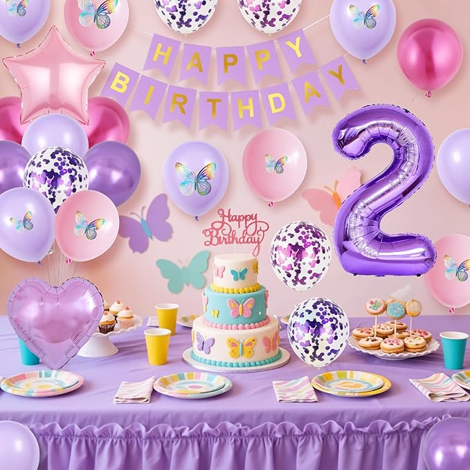 2nd Birthday Decoration for Girls,Pink Purple 2nd Balloon Number 2 Balloon with Butterfly Stickers Star Heart Foil Balloons Happy Birthday Banner for Baby 2 Year Old Party Decor
