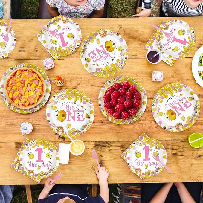 96Pcs Pink Bee 1st Birthday Party Supplies Honey First Bee Girls Baby Shower Plates and Napkins Tableware Sets So Sweet to Bee One Birthday Party Decorations for One Year Old Party Favors,Serves 24