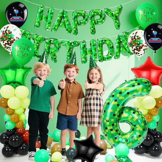 40in Pixel Number 6 Balloon Birthday Decorations, Miner Theme Foil Balloons banner Blast Gaming Party Supplies
