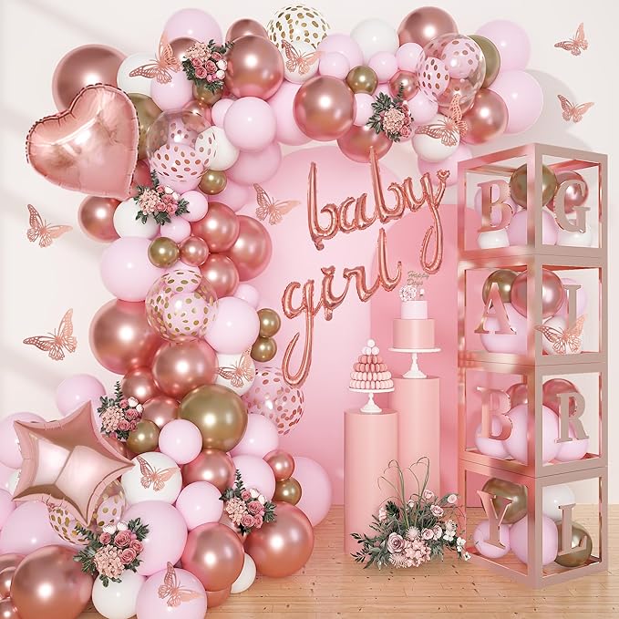 Amandir 134pcs Rose Gold Balloons Baby Shower Decorations for Girl Boxes, Butterfly Stickers Balloon Garland Arch Kit Baby Box with Letter (A-Z+Baby) for Women Birthday Bridal Party Decoration