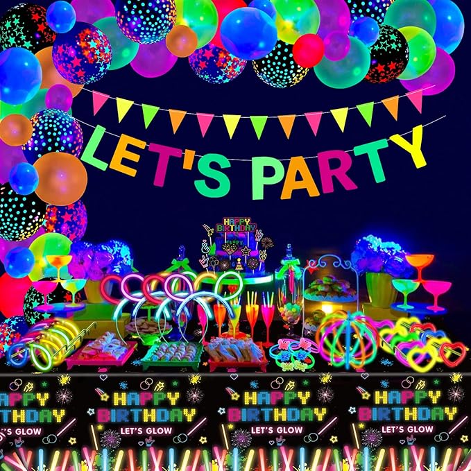 255 PCS Glow Neon Party Supplies Glow Sticks Party Decorations Black Light Reactive Decor Set - Fluorescent Banner, Glows in The Dark Balloons, Neon Tablecloths, Cake Toppers, Light Up Sticks, Glasses