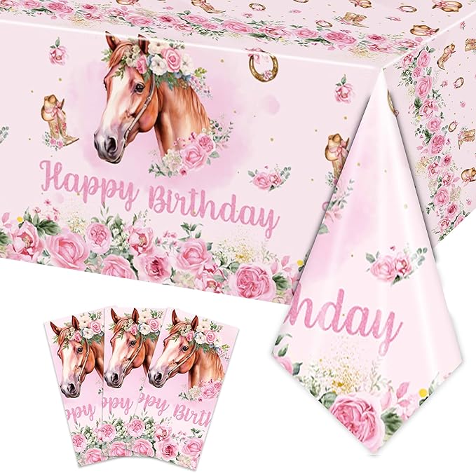 3PCS Cowgirl Horse Party Tablecloths for Girls Birthday Pink Western Horse Themed Saddle up Table Cover Party Decorations Disposable Plastic Table Cloth