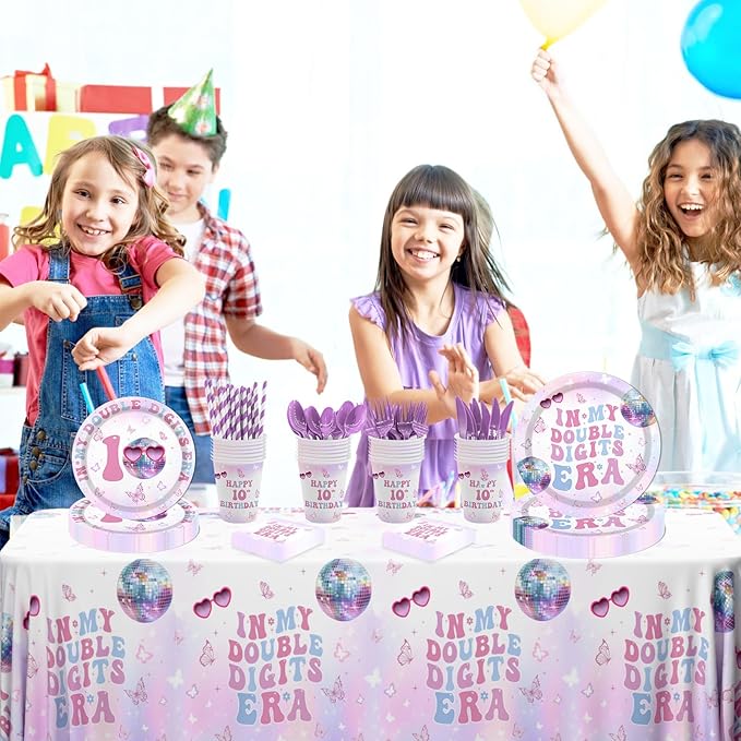 MEHOFOND 193pcs 10th Birthday Party Supplies for Girls, In My Double Digits Era Tableware Set with Plates Napkins Cups Tablecloth, Iridescent Disco Music Theme Birthday Decorations, Serves 24