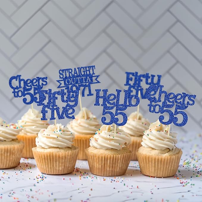 Ephlyn 24Pcs 55th Birthday Cupcake Toppers Glitter Straight Outta 1971 Cupcake Picks Hello 55 Cheers to 55 Years Cake Decorations for 55th Birthday Anniversary Party Decorations Supplies Blue