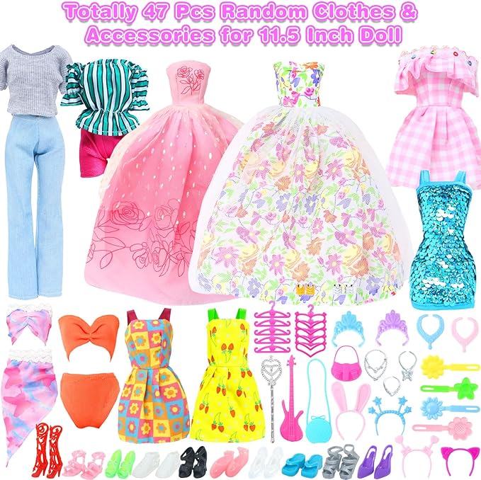 BJDBUS 50 Pcs Doll Clothes and Accessories, 2 Wedding Gowns 4 Fashion Dresses 2 Tops 2 Pants Outfits 2 Swimsuits Bikini 10 Shoes 10 Hangers 17 Accessories Stuffers for 11.5 inch Girl Doll