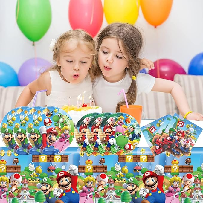 Mario Party Supplies 41Pack include 20 plates, 20 napkins 1 tablecloth for Mario birthday party decoration