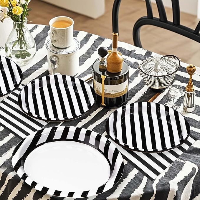 Grencian 96Pcs Black and White Striped Party Decorations Black and White Striped Party Plates Disposable 350GSM Striped Paper Tableware Set for Birthday Wedding Halloween Party, Serves 24