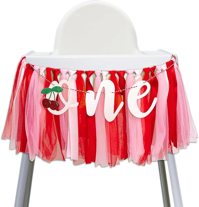 Cherry One High Chair Banner - Cherry Themed First Birthday Party Banner Garland, Sweet Girl Birthday Party Decoration Supplies Garland, Anniversary Photo Shoot Background Props Banner