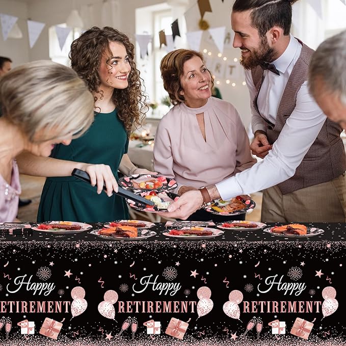 Zhehao 101 Pcs Retirement Party Tableware Set Black and Pink Happy Retirement Party Supplies Includes 50 Paper Plates, 50 Napkins and 1 Tablecloth for Men Women Say Goodbye