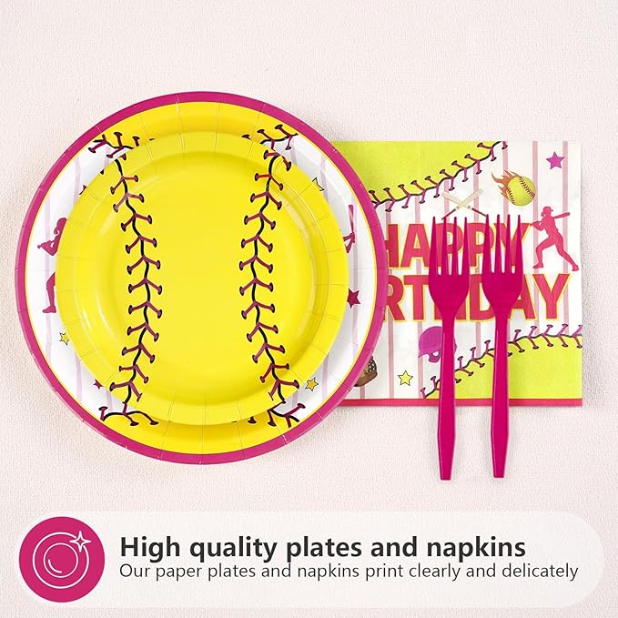 96Pcs Softball Birthday Party Supplies Sport Themed Plates and Napkins Pink Yellow Softball Disposable Paper Tableware Set for Girls Kids Teens Birthday Holiday Party Supplies Serves 24