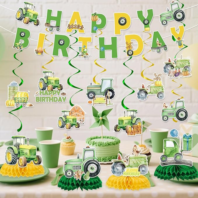 Tractor Birthday Party Decorations Include Tractor Happy Birthday Banners Hanging Swirls Honeycomb Centerpiece Tractor Farm Theme Supplies for Boys