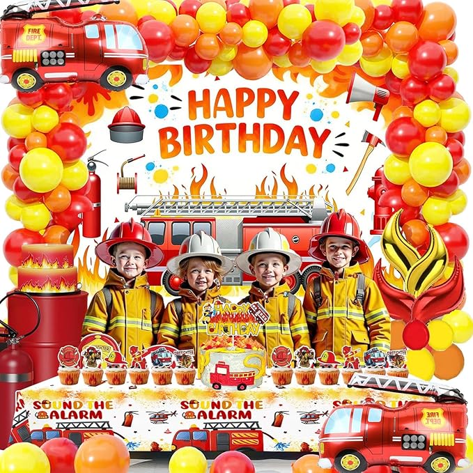 Fire Truck Birthday Party Decorations Kit – Firefighter Party Supplies with Happy Birthday Backdrop, Table Cover, Cake Toppers and Foil & Colorful Balloons for Kids Rescue Theme Party