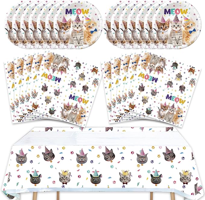 41pcs Cat Party Supplies,Pet Cat Birthday Party set Include dessert plate,Napkin and Tablecloth,Used for Cat Birthday Party Decoration