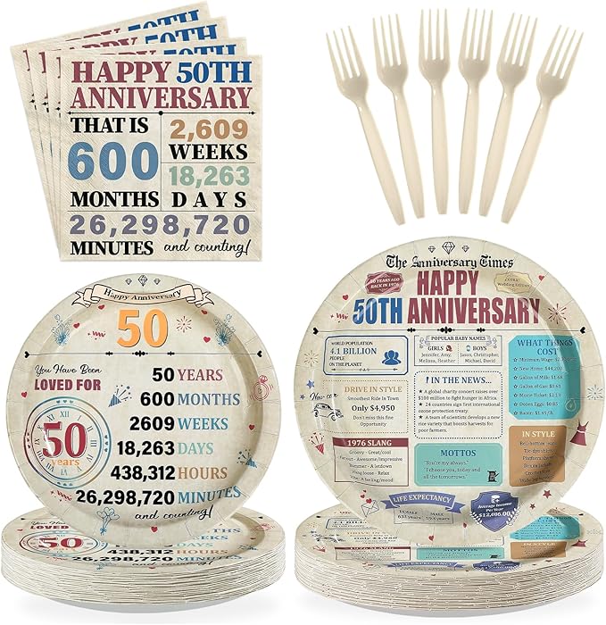 96Pcs 50th Anniversary Party Decorations Retro 50 Years Wedding Aday Plates and Napkins Golden 50th Anniversary Disposable Tableware Set for Vintage 50 Year Wedding Party Supplies Serves 24