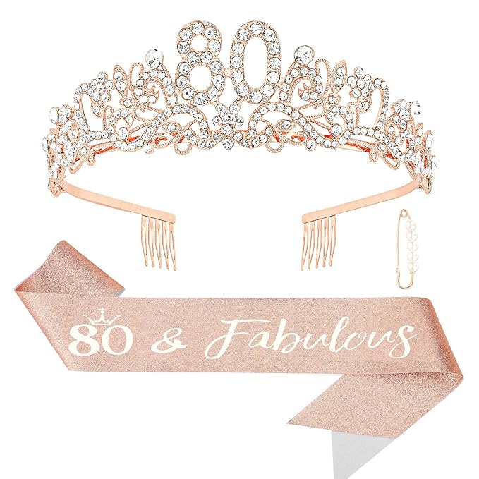 Semato 80th Birthday Decorations for Women- Birthday Crown and Sash Glitter Kit Gifts for Women Party Supplies and Favors (80th)