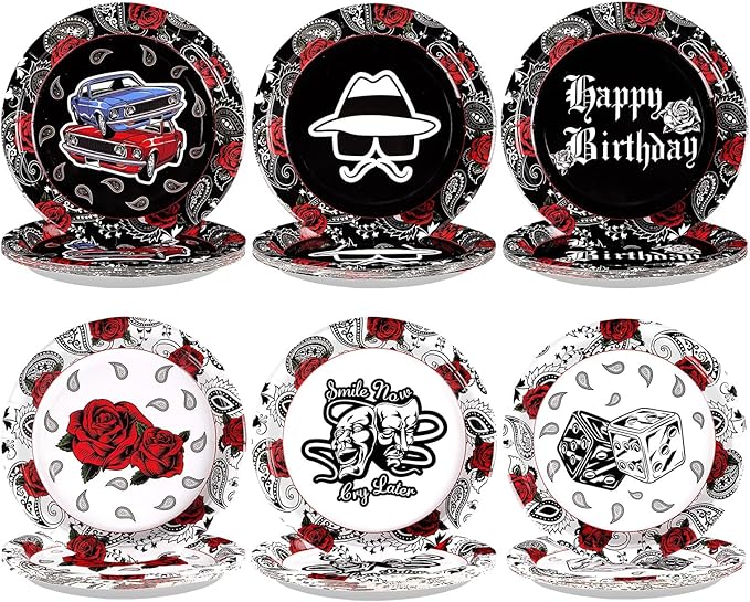 Grencian 60Pcs Cholo Birthday Party Decorations 9" Early 2000s Birthday Supplies Disposable Heavy Duty Black Bandana Paper Plates Tableware for Halloween Teens Early 2000s Cholo Theme Party Supplies