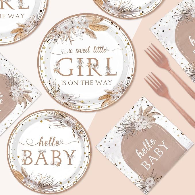96pcs Boho Baby Shower Party Decorations Boho Hello Baby Girl Pink Floral Plates and Napkins A Sweet Little Girl is on The Way Decorations for Girls Spring Flowers Bohemain Birthday Supplies Serves 24