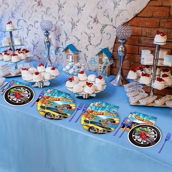 Tevxj 96 Pcs Racing Tableware Set - Hot Car Birthday Dinnerware - Disposable Plates, Napkins, Forks for Kids Boys - Happy Birthday Party Decorations Supplies for 24 Guests
