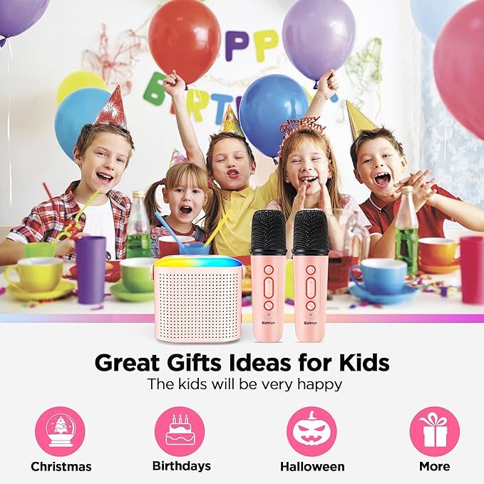 Mini Karaoke Machine with 2 Wireless Microphones for 5+ Years Old Kids, Rechargeable Portable Bluetooth Karaoke Singing Speaker with Voice Changing, RGB Light, for Birthday, Family, Home Party Gift