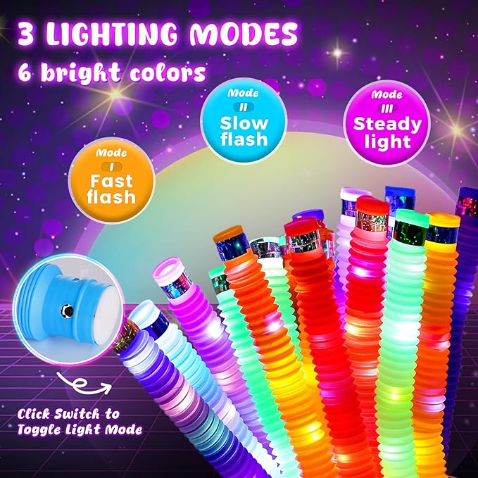 LovesTown 24PCS Light Up Glow Sticks Pop Tubes for Easter Basket Stuffers, Glow in the Dark Party Favor Supplies for Kids Supplies, Light Up Necklace Bracelet Accessories for Boys Girls Birthday
