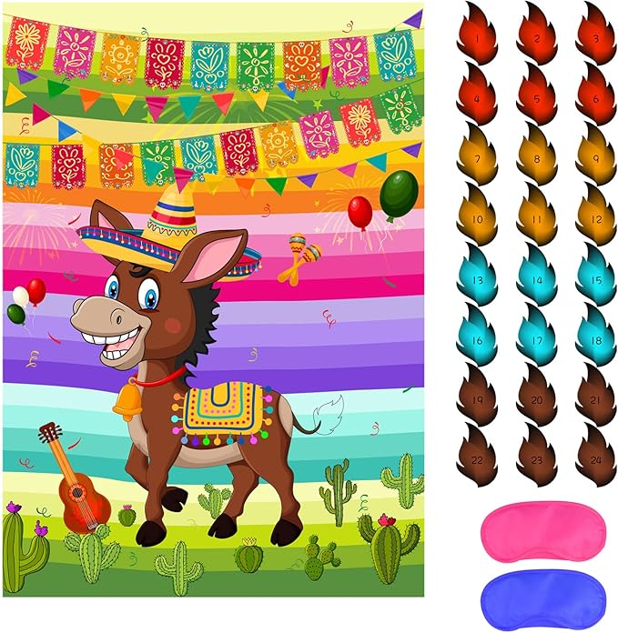 ASTARON Pin The Tail on The Donkey Mexican Donkey Game with 24pcs Tail Stickers for Cinco De Mayo Party, Mexican Party Fiesta Themed Party, Kids Birthday Supplies