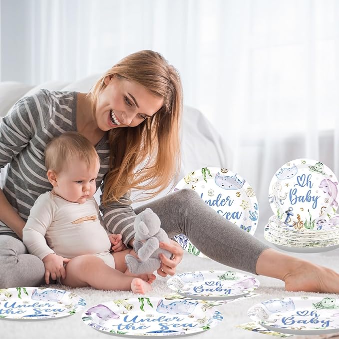 96Pcs Under The Sea Baby Shower Decorations Ocean Theme Party Plates and Napkins Disposable Sea Life Tableware Set Under The Sea Party Supplies for Birthday Baby Shower Underwater World Party Serve 24