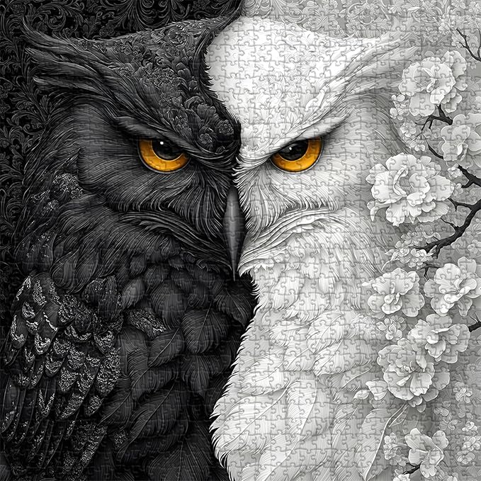 Yin Yang Owl Puzzle for Adults 1000 Pieces，Black and White Puzzles Owl Flowers, Impossible Difficult Hard Bird Jigsaw Puzzle, Animal Floral Art Challenge Puzzle Aesthetic