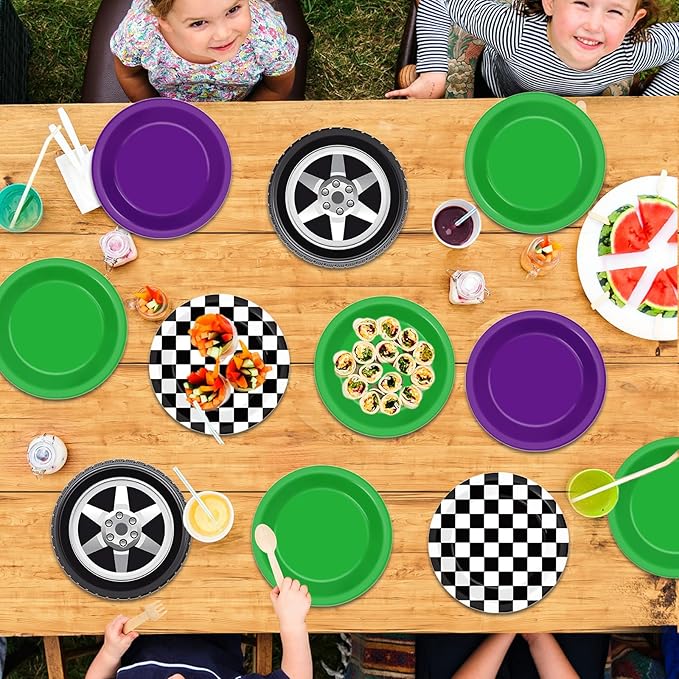 60Pcs Monster Truck Party Paper Plates Green Purple Monster Truck Birthday Party Supplies 7 Inch Black and White Checked Theme Disposable Dinner Dessert Cake Plates for Kids Racing Car Birthday Decor