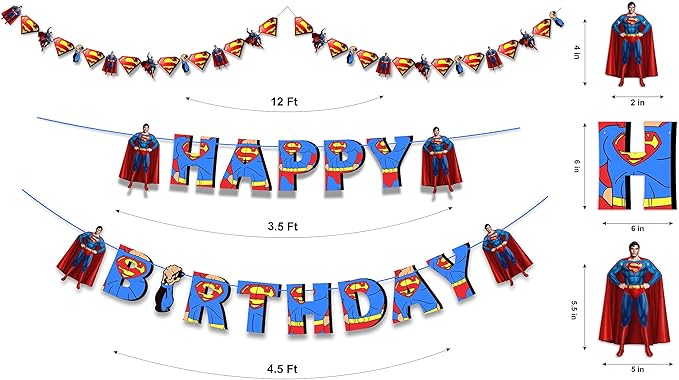 "Suprmn Theme Birthday Party Supplies – Superhero Decorations Set – Includes Happy Birthday Banner, Cake Topper, Cupcake Toppers,Garland & Table Décor – Hero Party Decoration Kit"