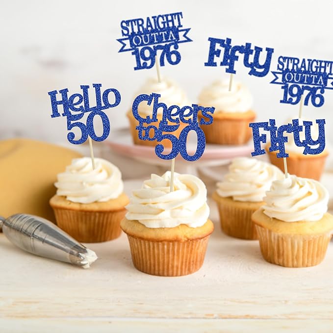 Ephlyn 24Pcs Happy 50th Birthday Cupcake Toppers Glitter Straight Outta 1976 Cupcake Picks Hello 50 Cheers to 50 Years Birthday Cake Decorations for 50th Birthday Anniversary Party Supplies Blue