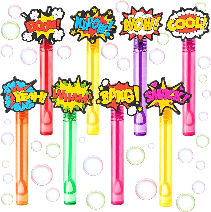 Hero Party Favors for Kids – 24PCS POW BAM ZAP Bubble Wands, Great for Birthday Supplies, Piñata Fillers, Goodie Bags & Classroom Rewards