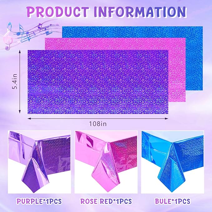 3 Pcs Kpop Holographic Tablecloth for Birthday Party Pink Purple Blue 54"x108" Witch and Princess Themed Movie Decoration Wedding Iridescent Metallic Plastic Glitter Laser Table Covers
