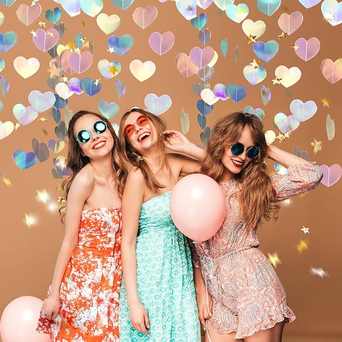 52Ft Shiny Corlorful Glitter Laser Love-Heart Garland Photo Booth Props for Girl Birthday Party Decorations ERAS Themed Birthday Banner Supplies Themed Decor Taylor Party Decorations