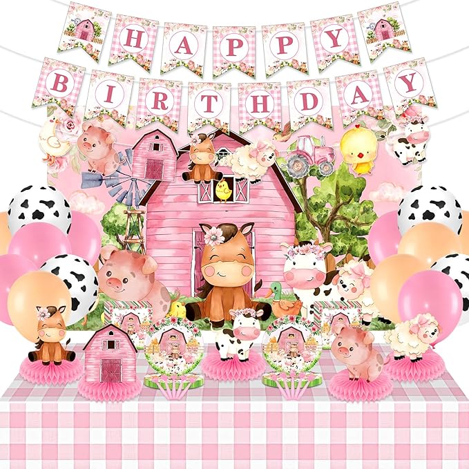 Pink Farm Animal Theme Birthday Party Supplies Decorations Tableware Set for Girl Baby Shower Farm Animal Happy Birthday Banner Backdrop Balloon Tablecloth Plate Napkins Forks Honeycomb Centerpiece