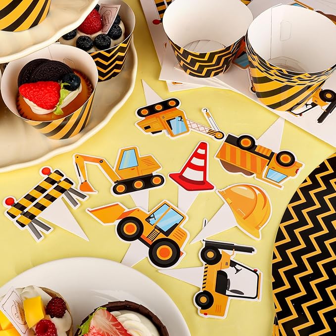 48 Pack Construction Cupcake Toppers and Wrappers, Construction Vehicles Party Cake Decoration for Engineering Theme Birthday Party Baby Shower Supplies