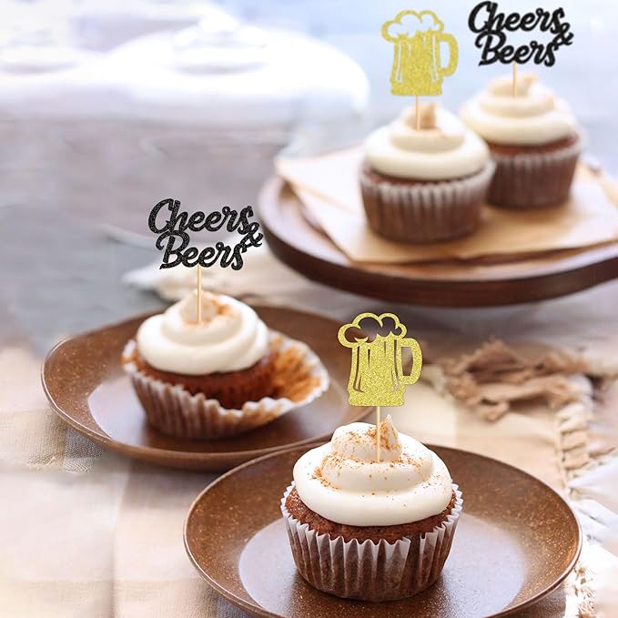 Ercadio 24 PCS Beer Party Cupcake Toppers Cheers and Beers Happy Birthday Decor for Father's Day Whiskey Beer Cake Topper Favor for Summer Family Party Decor Supplies