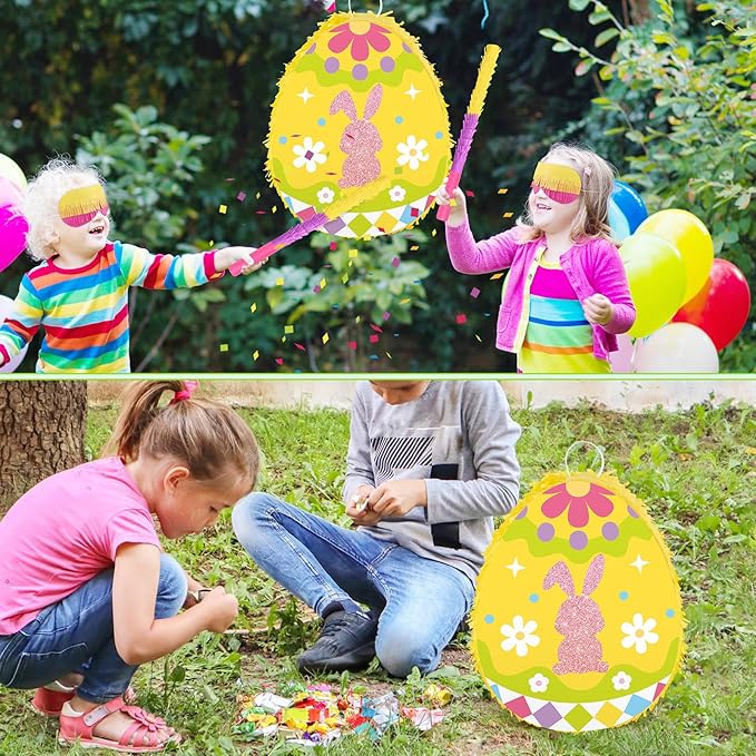 Hooqict Easter Egg Pinata Bunny Pinata with Blindfold and Bat Stick for Kids Spring Happy Easter Party Games Bunny Birthday Party Decorations Sunday Celebration Supplies